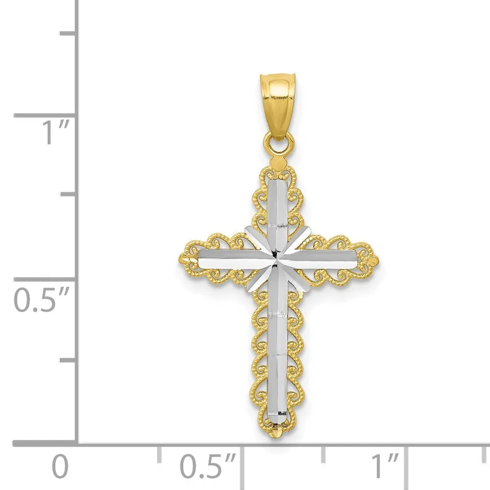 10K w/ Rhodium Diamond-Cut Cross Pendant