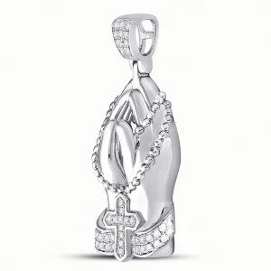 10kt White Gold Mens Round Diamond Praying Hands Rosary Charm Pendant 1/4 Cttw