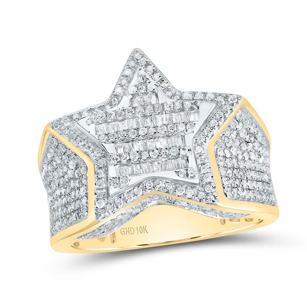 10kt Yellow Gold Mens Baguette Diamond Cluster Star Ring 1.00 Cttw