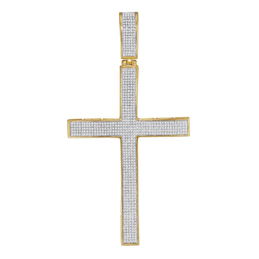 10kt Yellow Gold Mens Round Diamond Roman Cross Charm Pendant 1-7/8 Cttw