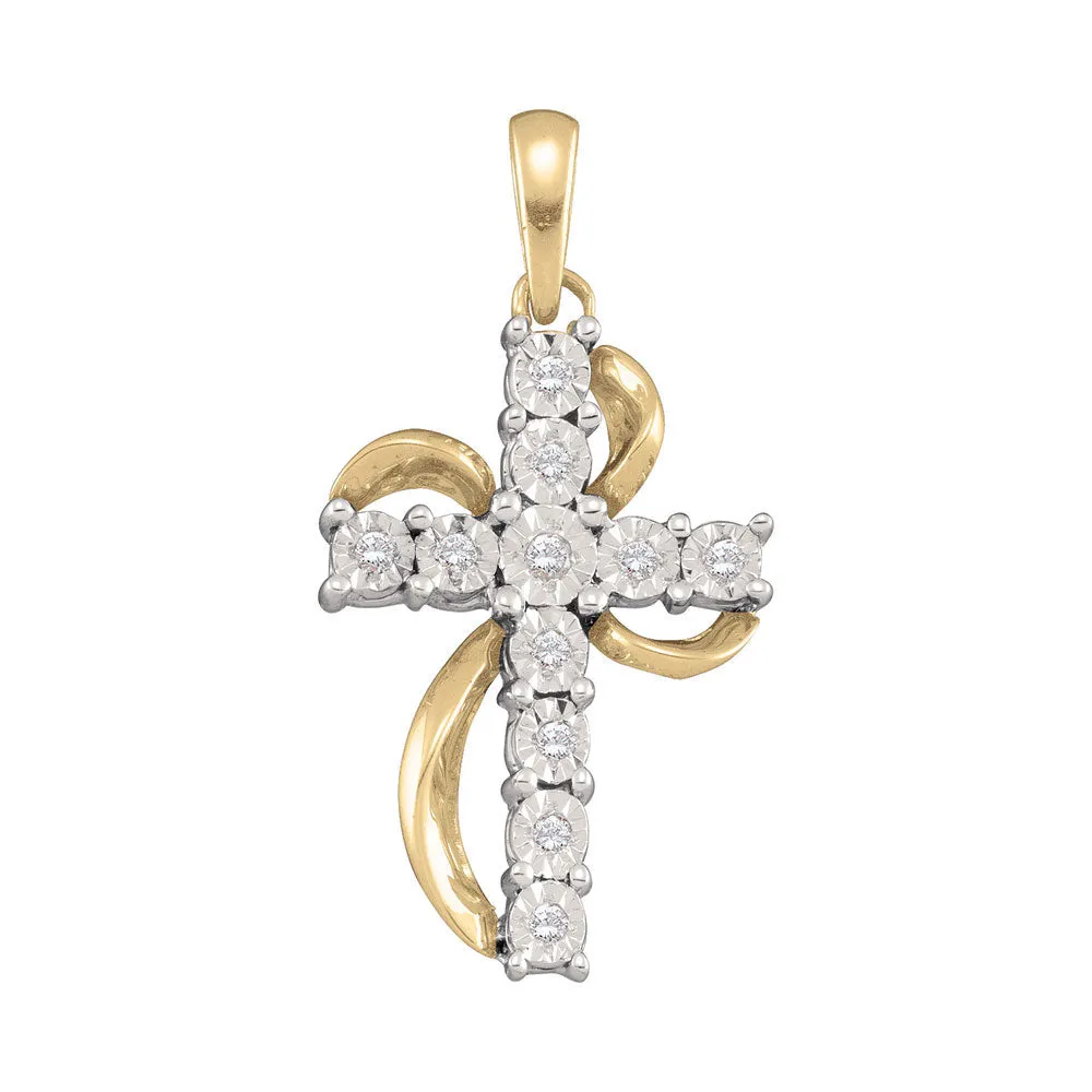 10kt Yellow Gold Womens Round Diamond Cross Faith Pendant 1/8 Cttw