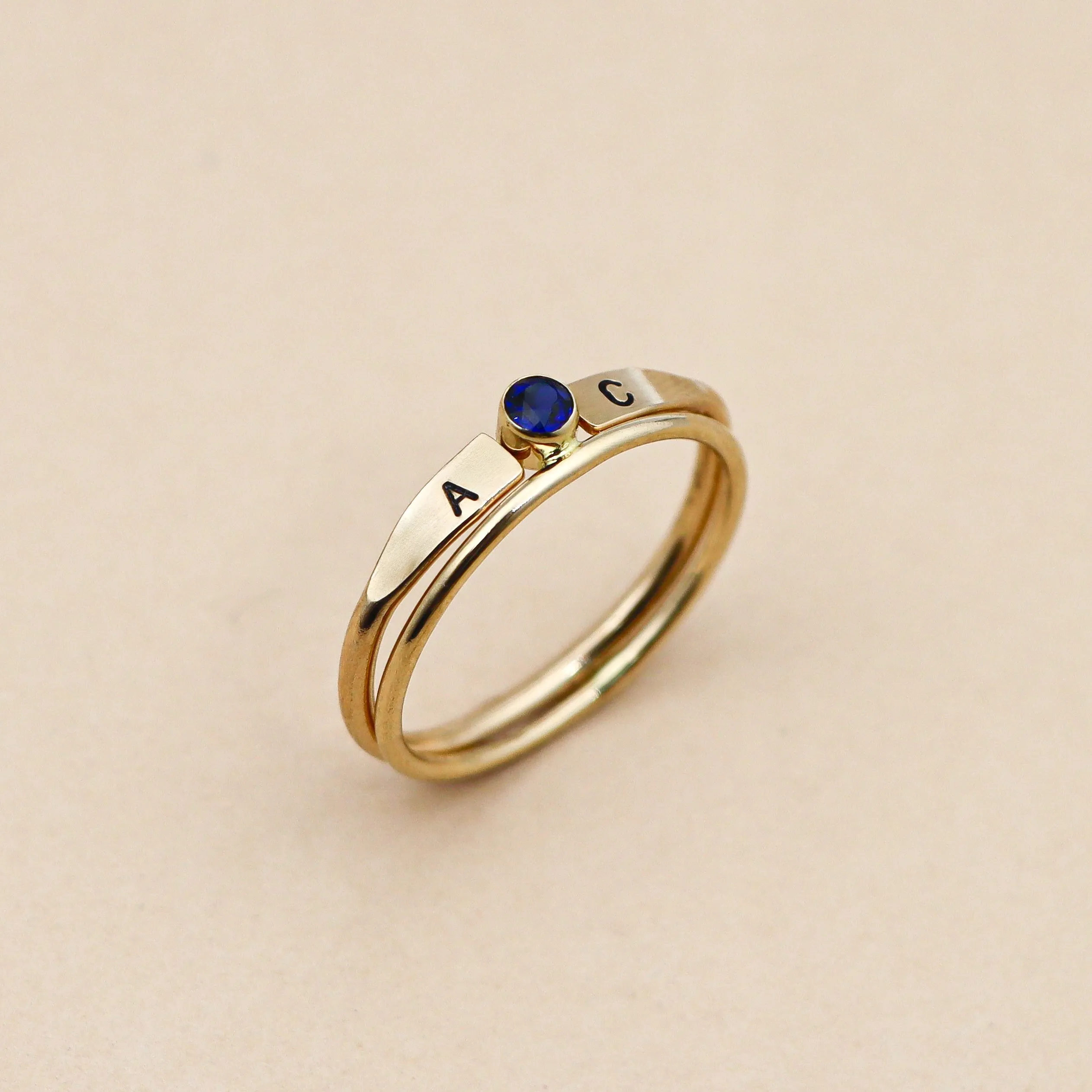 14K Solid Gold Birthstone and Initial Ring Set