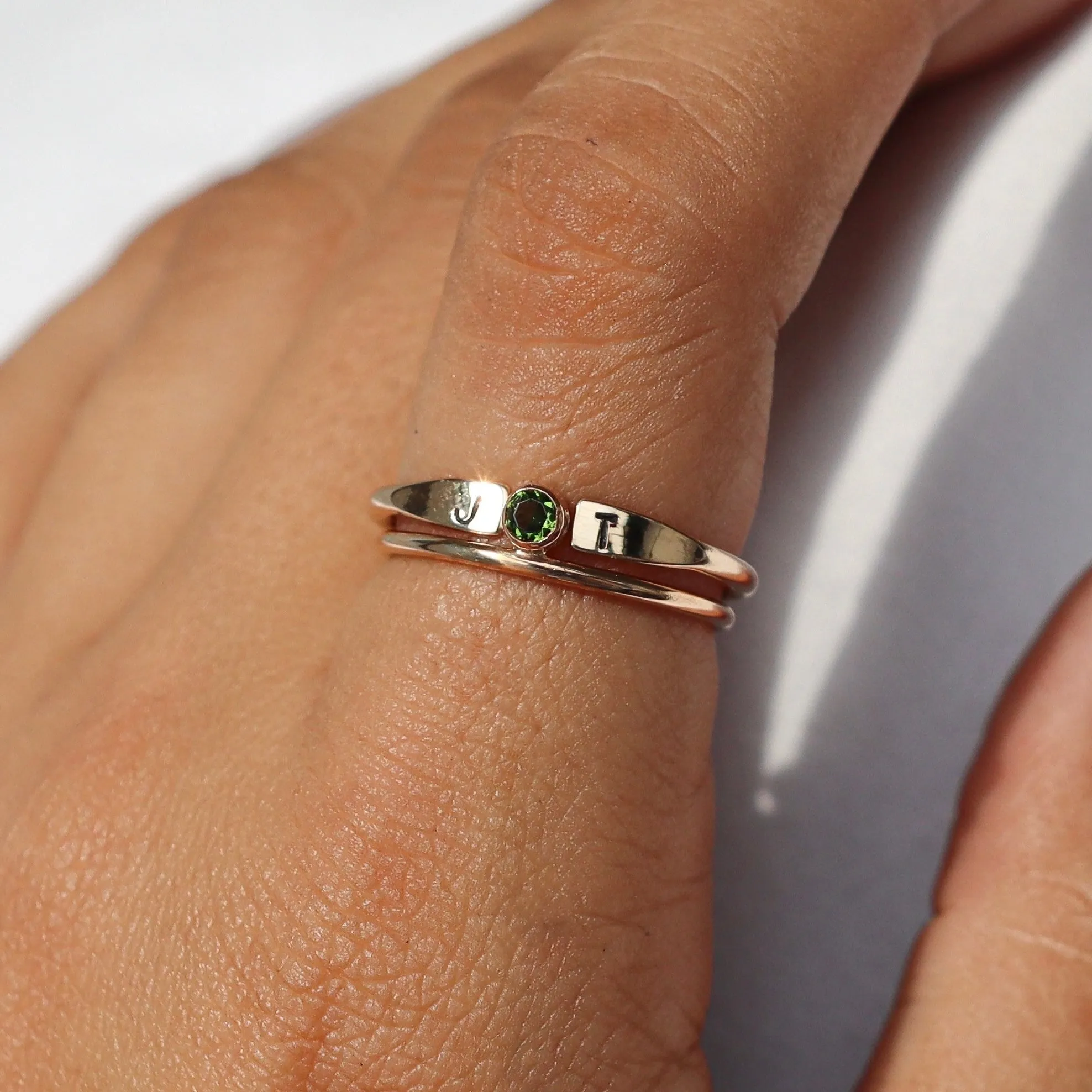 14K Solid Gold Birthstone and Initial Ring Set