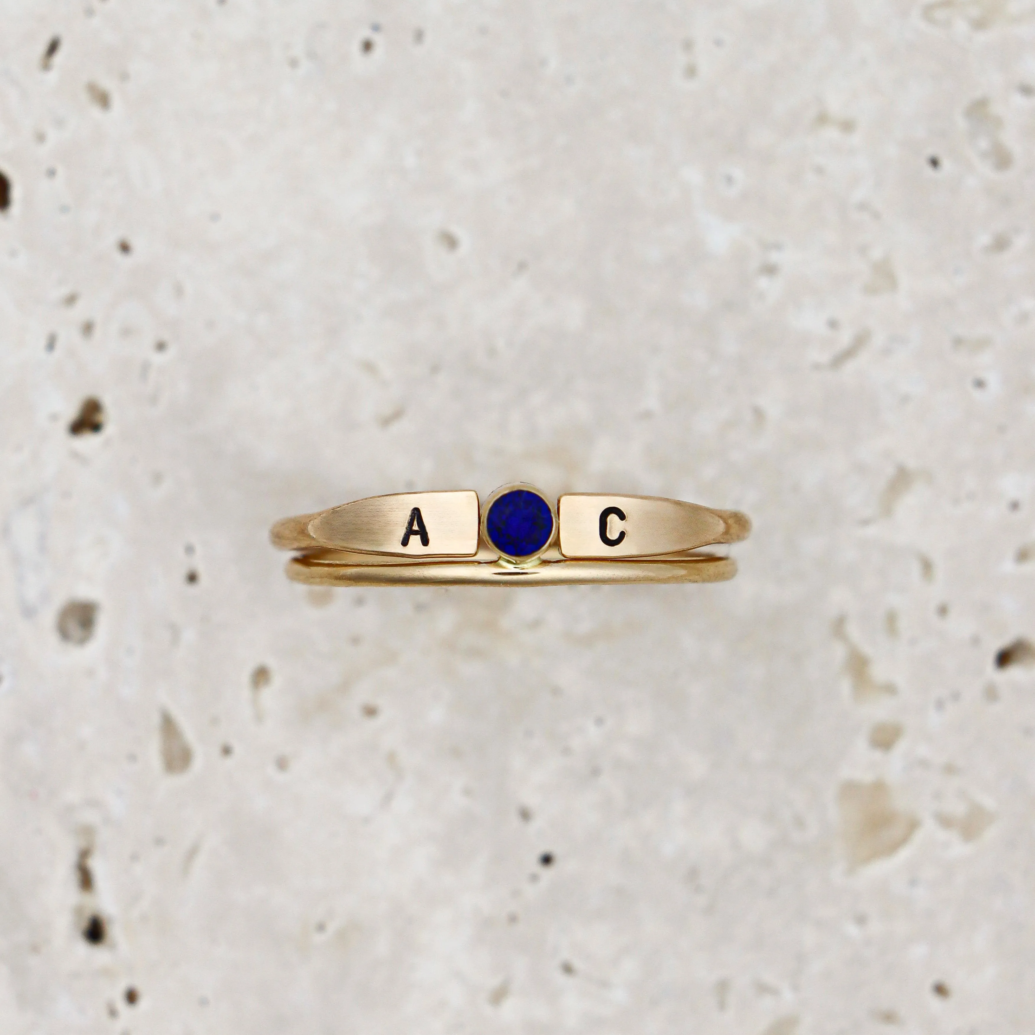 14K Solid Gold Birthstone and Initial Ring Set