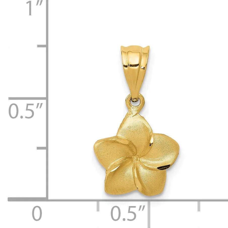 14k Yellow Gold Casted Solid Textured Back Polished and Textured Finish Plumeria Floral  Charm Pendant