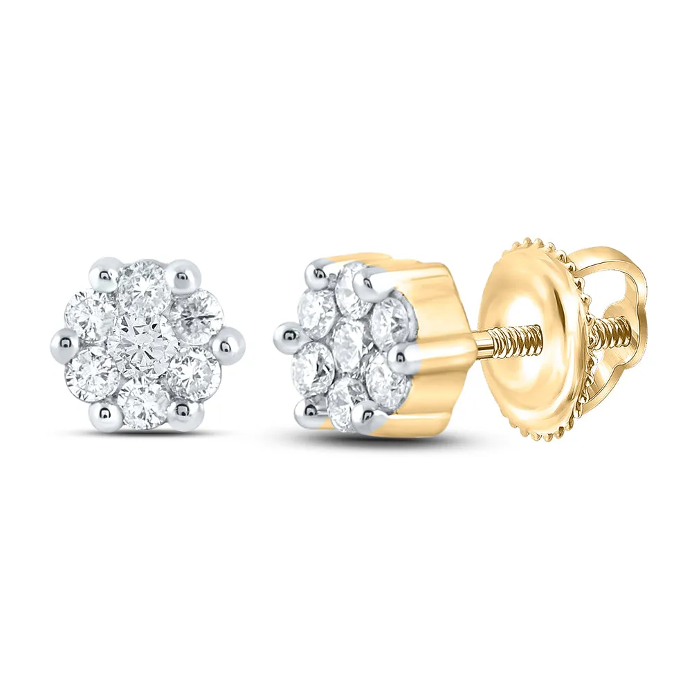 14k Yellow Gold Round Diamond Flower Cluster Womens Screwback Stud Earrings 1/6 Cttw