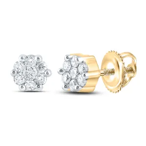 14k Yellow Gold Round Diamond Flower Cluster Womens Screwback Stud Earrings 1/6 Cttw