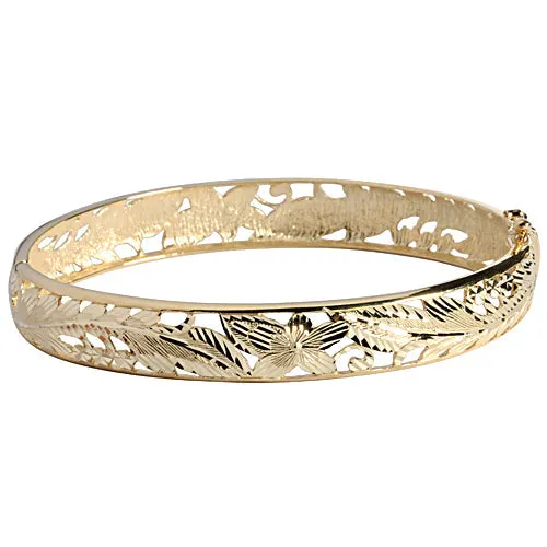 14K Yellow Gold See Through Maile Leaf Bangle 10mm
