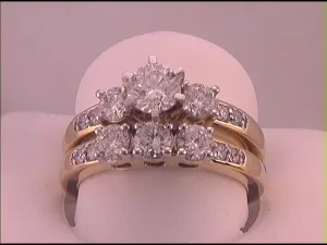 14kt Yellow Gold Womens Round Diamond 3-Stone Bridal Wedding Engagement Ring Band Set 2.00 Cttw