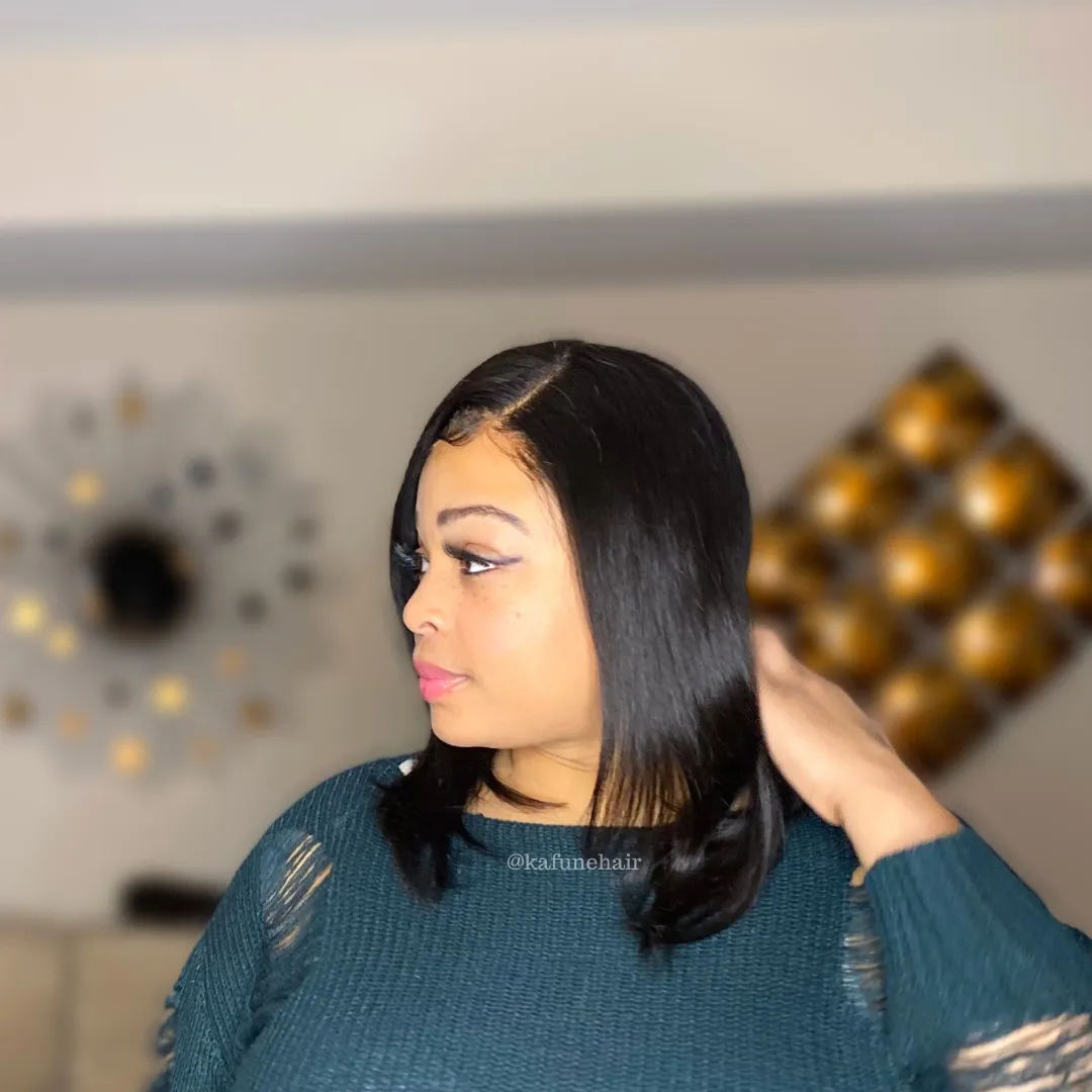 14" Dominica Layered Cut 13*4 Transparent lace Machine Bob Wig 150% Density  Lace Front Wig