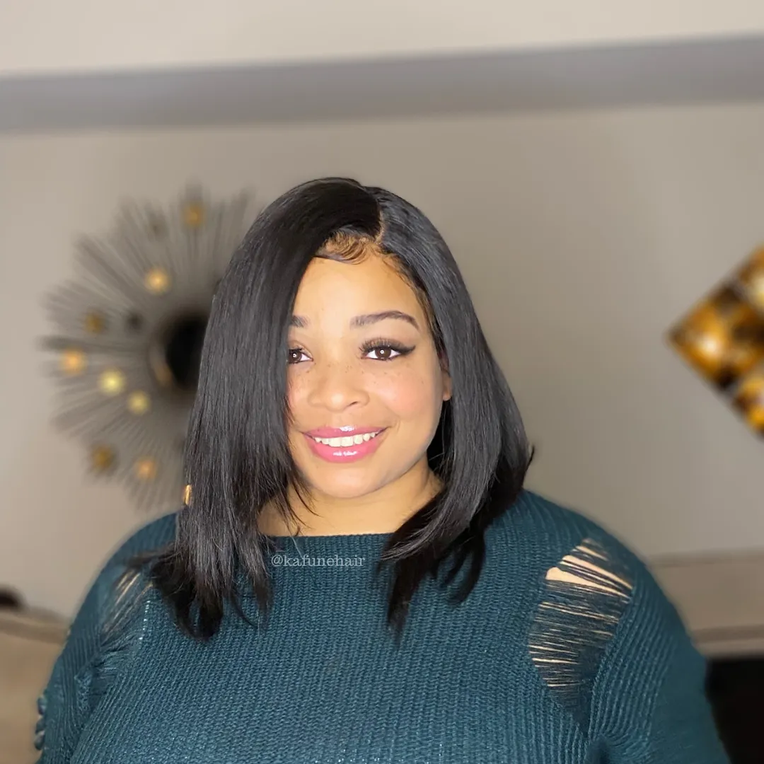 14" Dominica Layered Cut 13*4 Transparent lace Machine Bob Wig 150% Density  Lace Front Wig