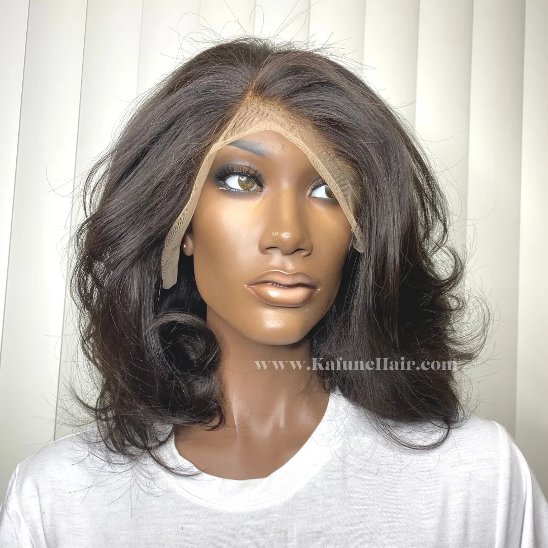 14" Dominica Layered Cut 13*4 Transparent lace Machine Bob Wig 150% Density  Lace Front Wig
