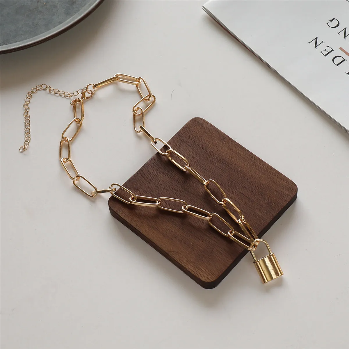 18K Gold-Plated Lock Chain Pendant Necklace