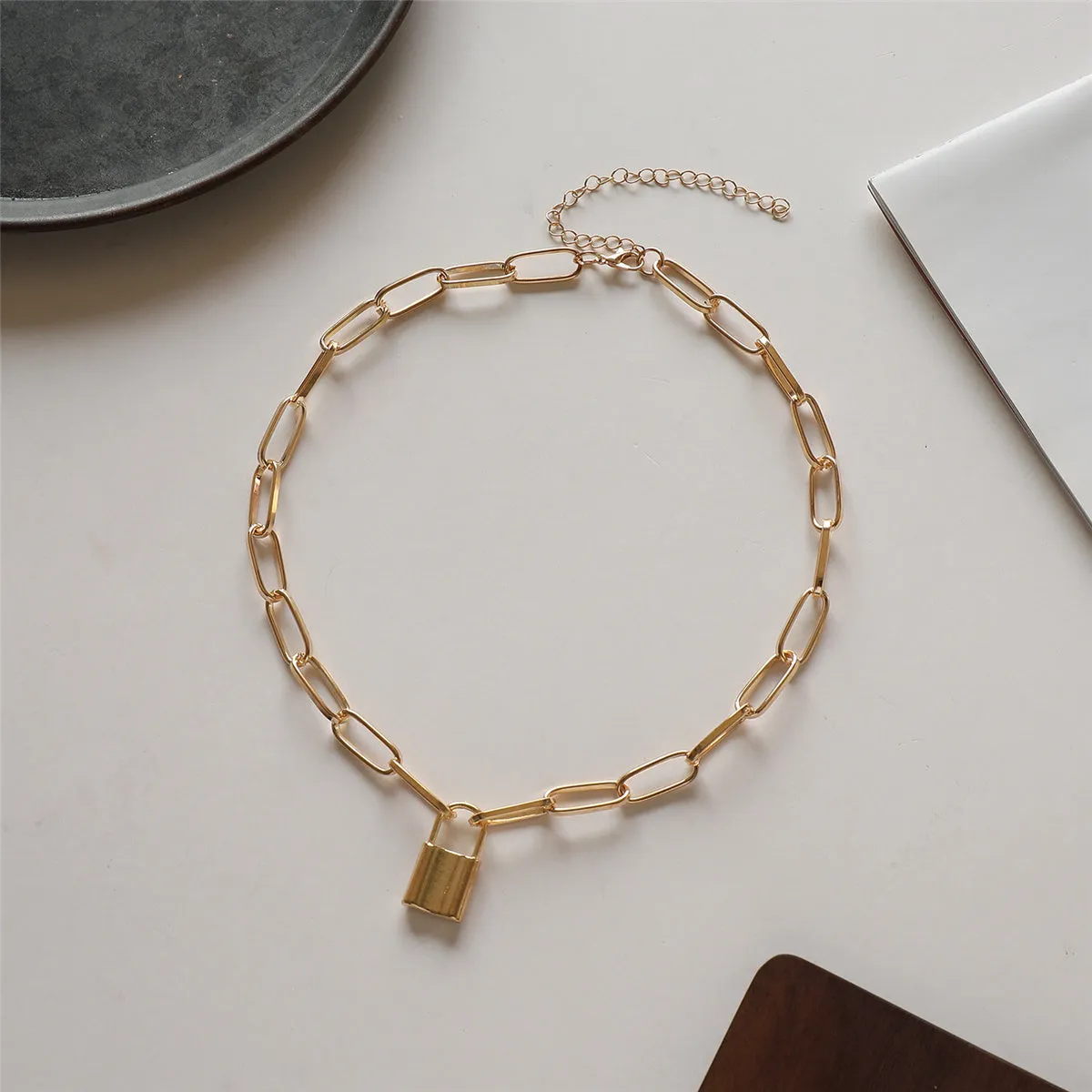 18K Gold-Plated Lock Chain Pendant Necklace
