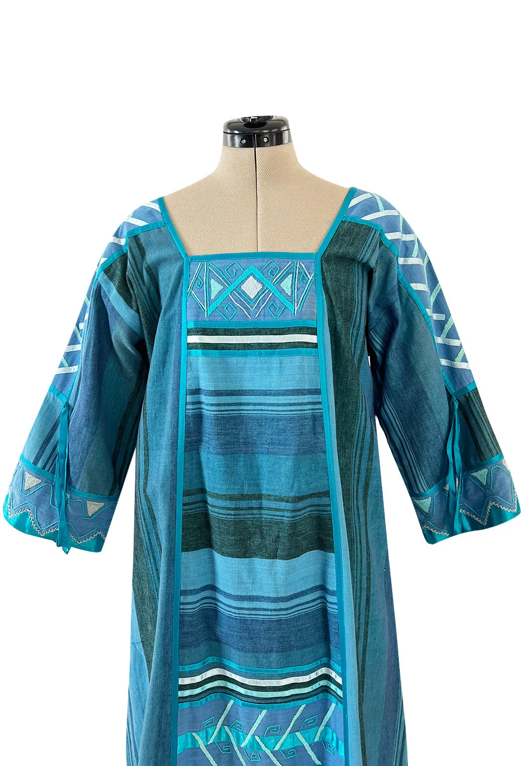 1960s Josefa Hand Made Ocean Blue Caftan Dress w Embroidery & Ribbon Details