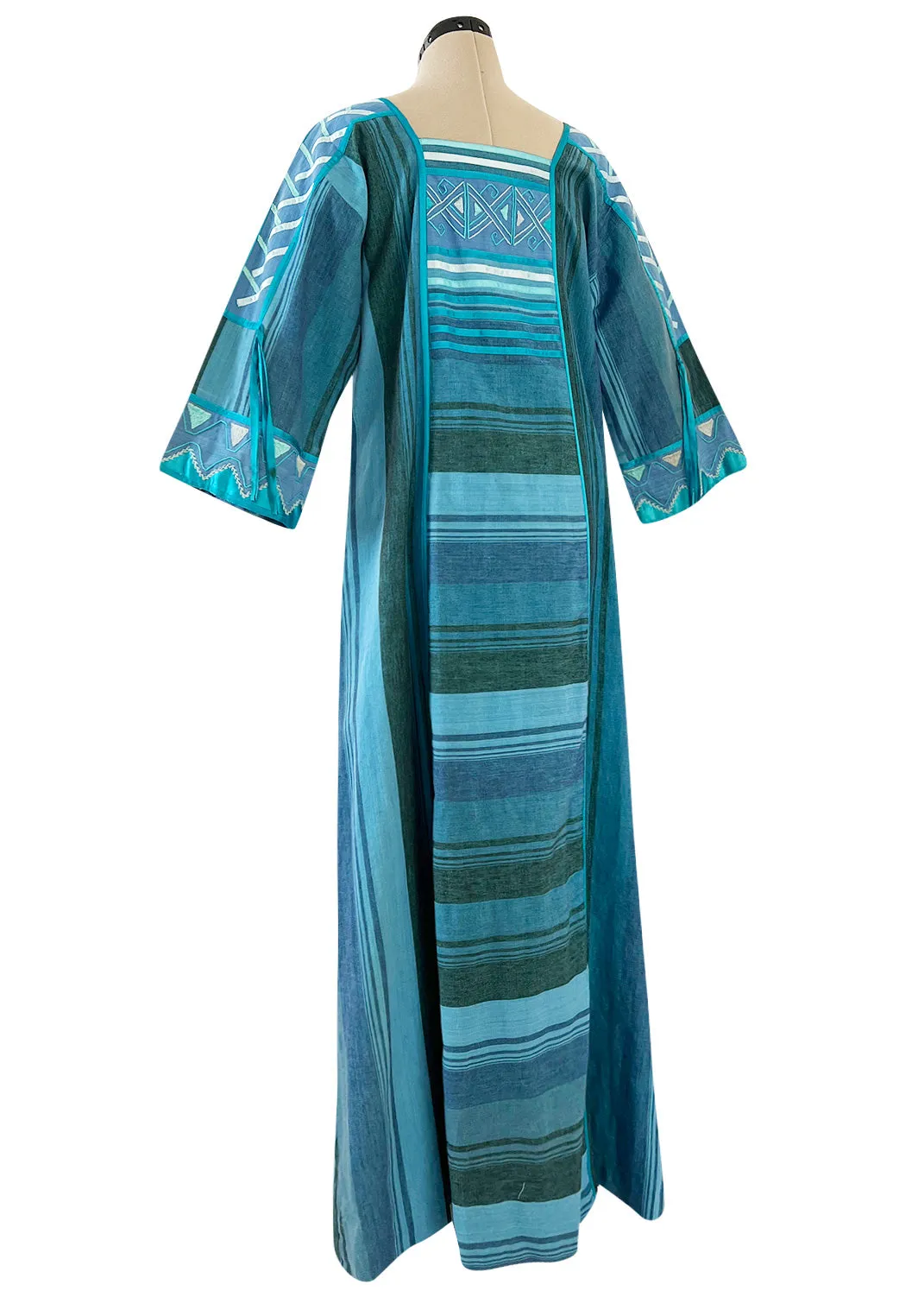 1960s Josefa Hand Made Ocean Blue Caftan Dress w Embroidery & Ribbon Details