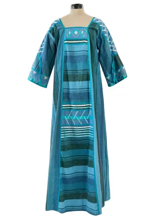 1960s Josefa Hand Made Ocean Blue Caftan Dress w Embroidery & Ribbon Details
