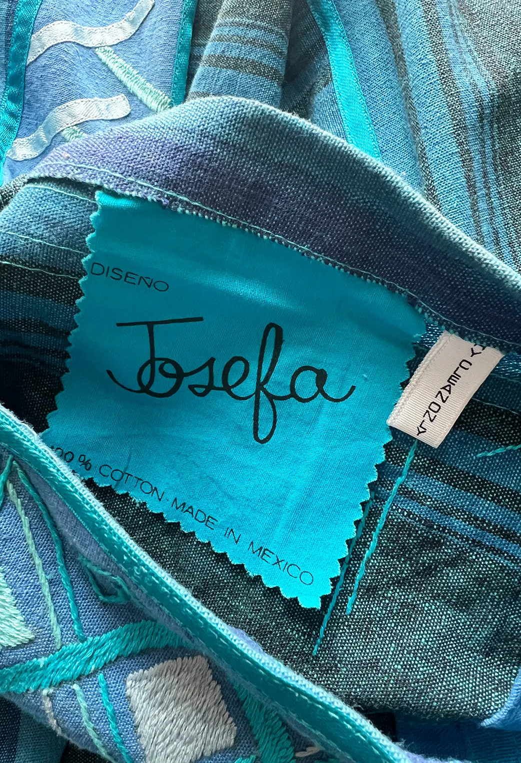 1960s Josefa Hand Made Ocean Blue Caftan Dress w Embroidery & Ribbon Details