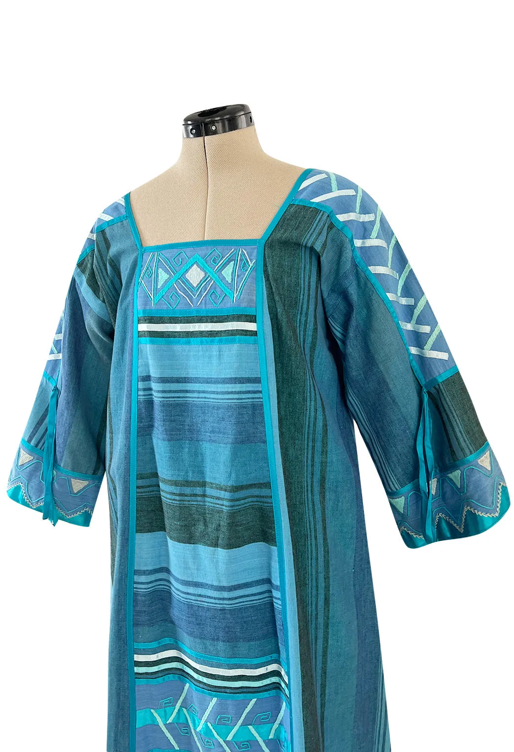 1960s Josefa Hand Made Ocean Blue Caftan Dress w Embroidery & Ribbon Details