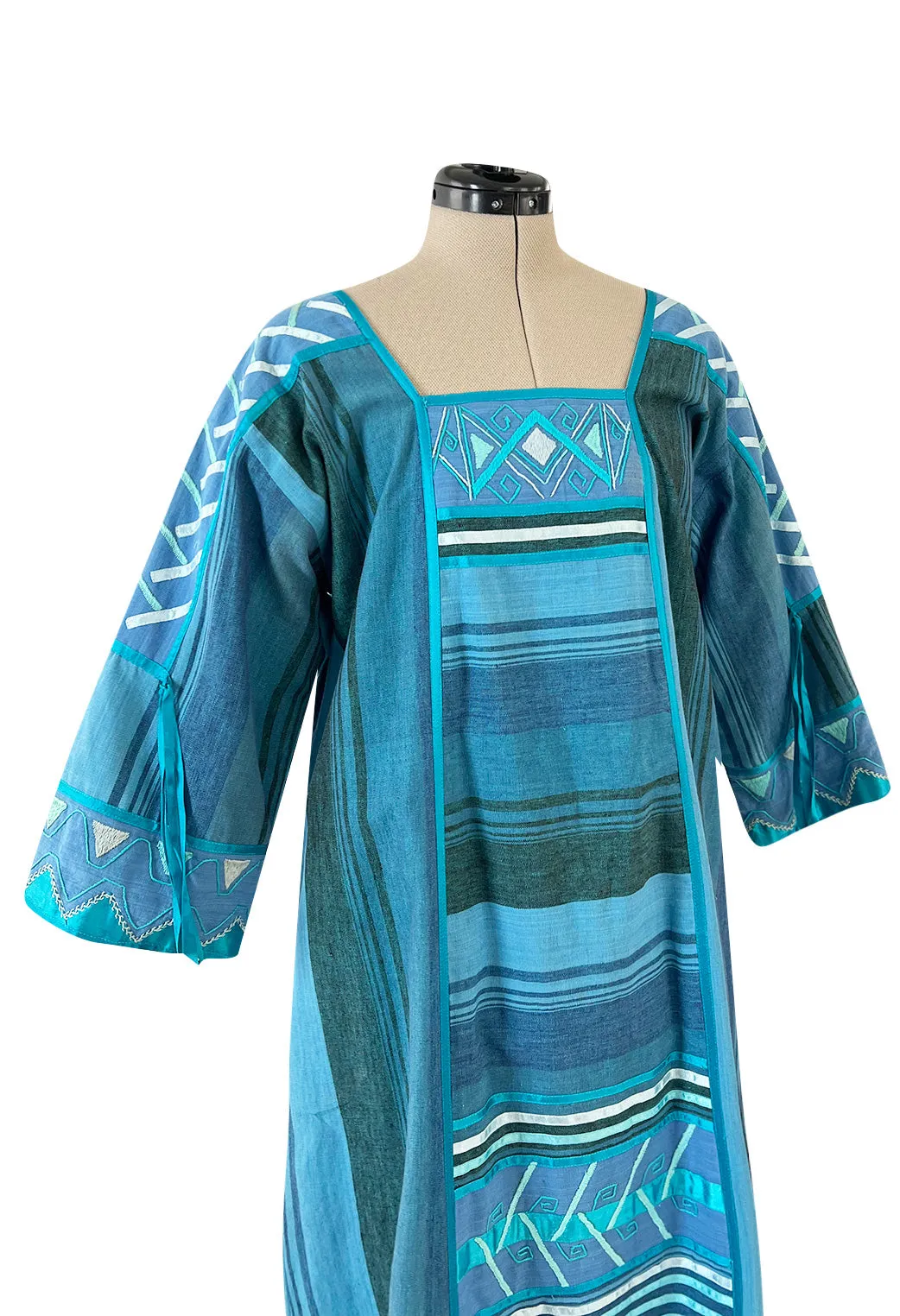 1960s Josefa Hand Made Ocean Blue Caftan Dress w Embroidery & Ribbon Details