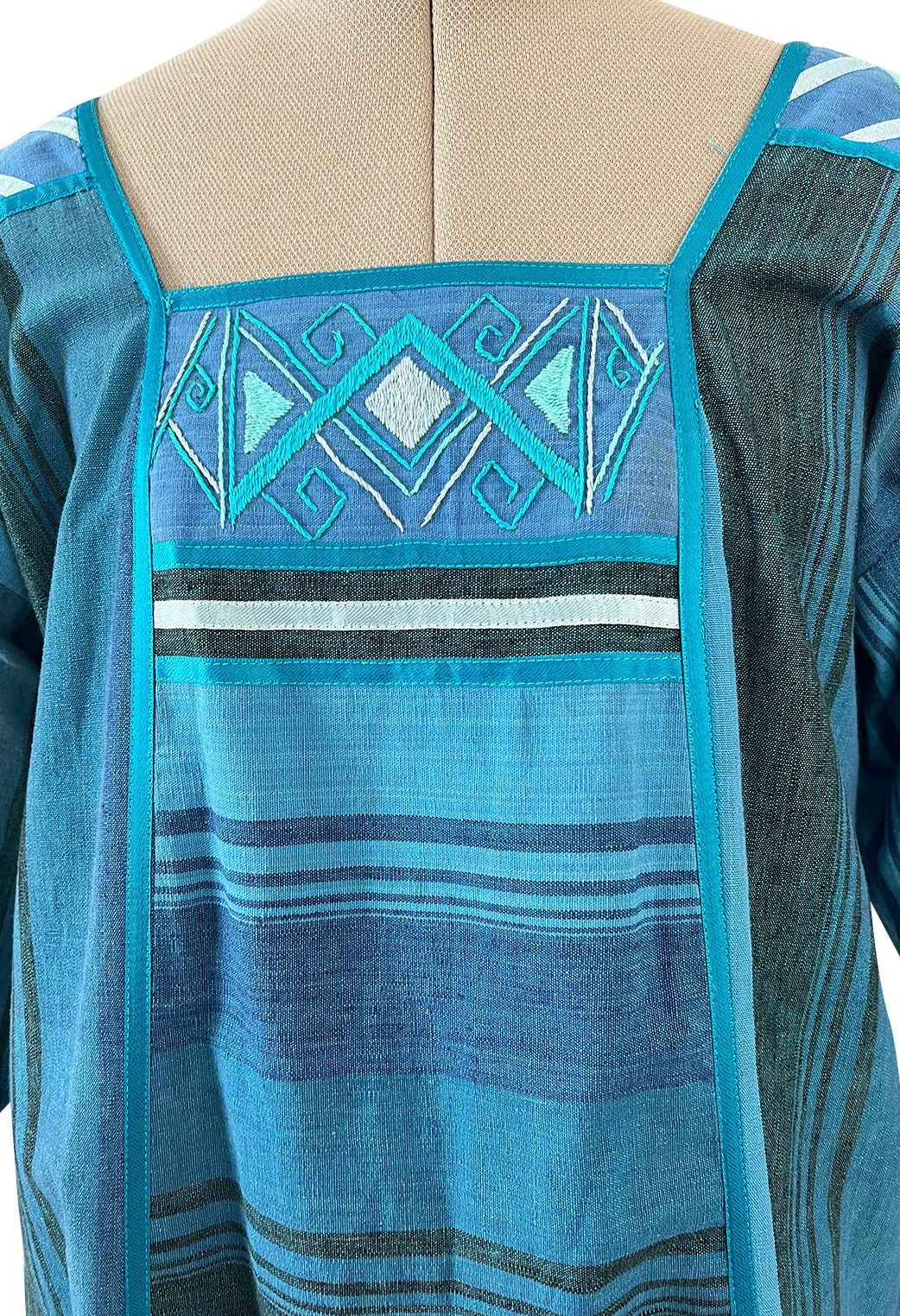 1960s Josefa Hand Made Ocean Blue Caftan Dress w Embroidery & Ribbon Details