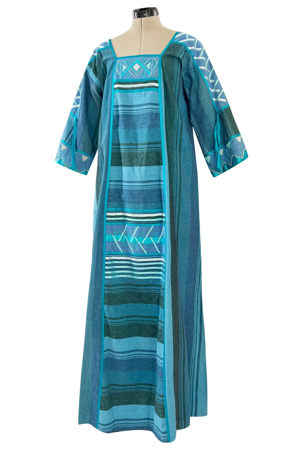 1960s Josefa Hand Made Ocean Blue Caftan Dress w Embroidery & Ribbon Details