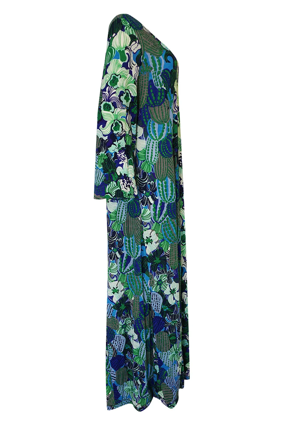 1960s La Mendola Printed Light Wool Jersey Wide Sleeve Caftan Dress