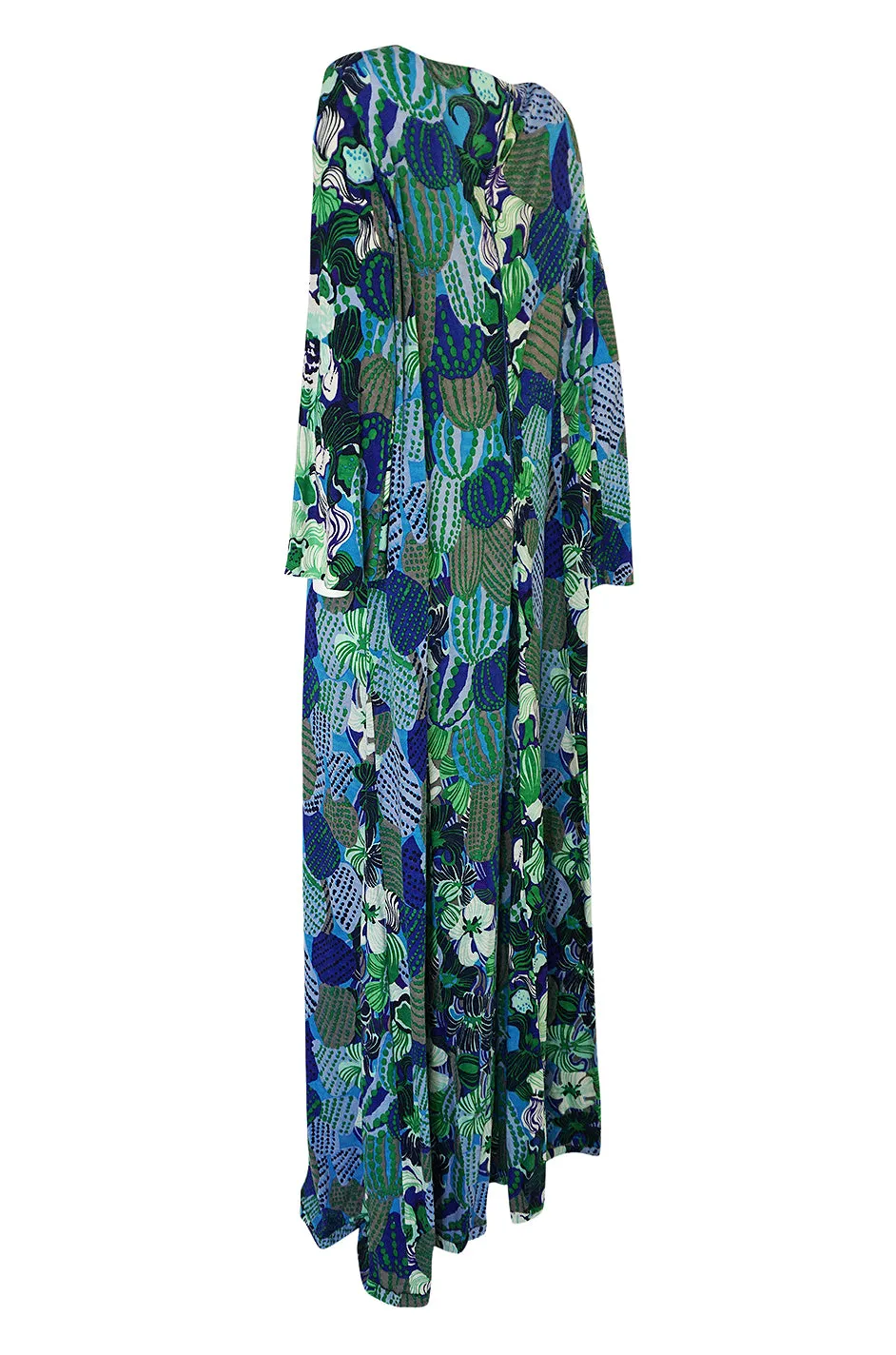 1960s La Mendola Printed Light Wool Jersey Wide Sleeve Caftan Dress