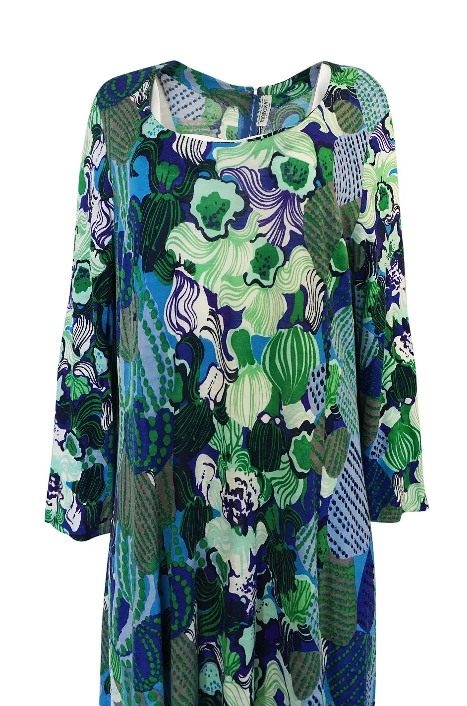 1960s La Mendola Printed Light Wool Jersey Wide Sleeve Caftan Dress