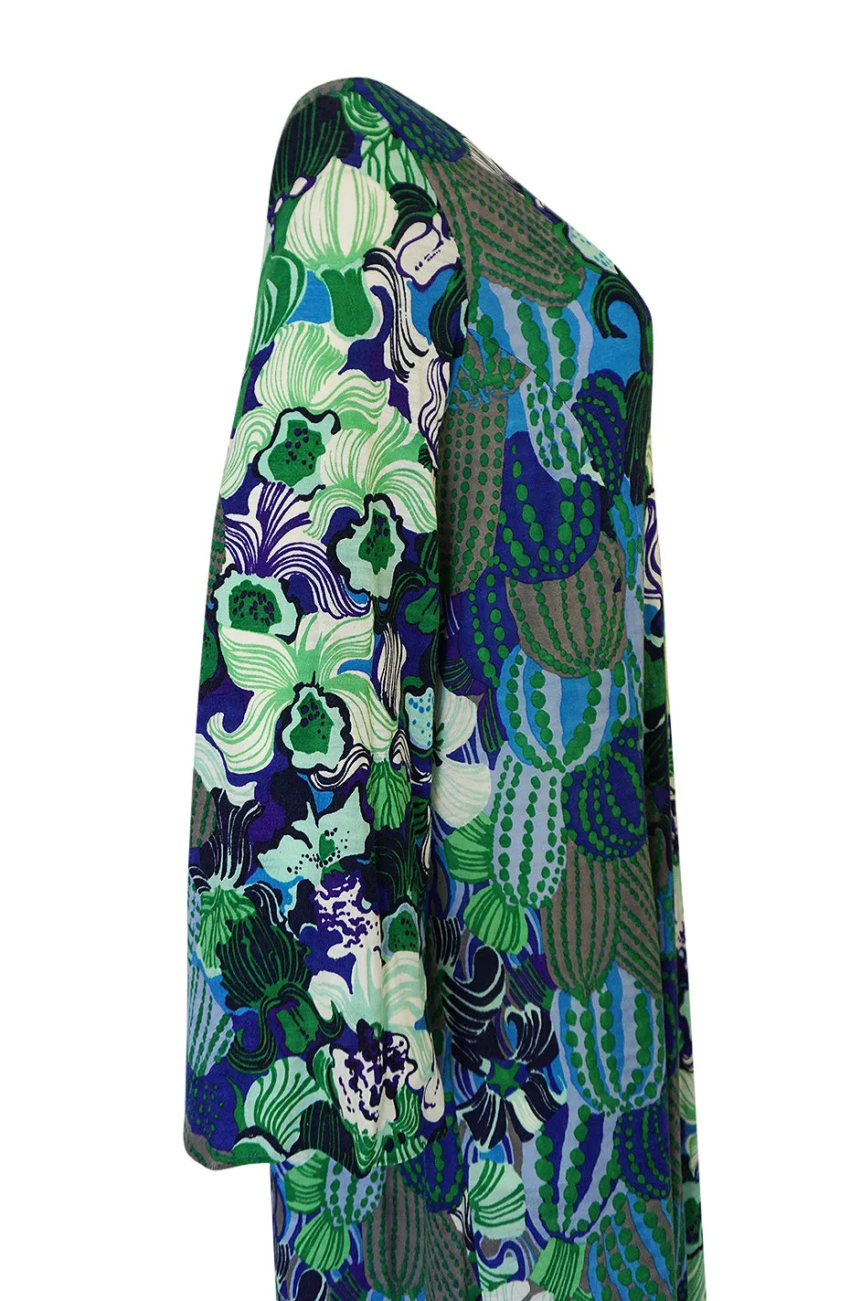 1960s La Mendola Printed Light Wool Jersey Wide Sleeve Caftan Dress