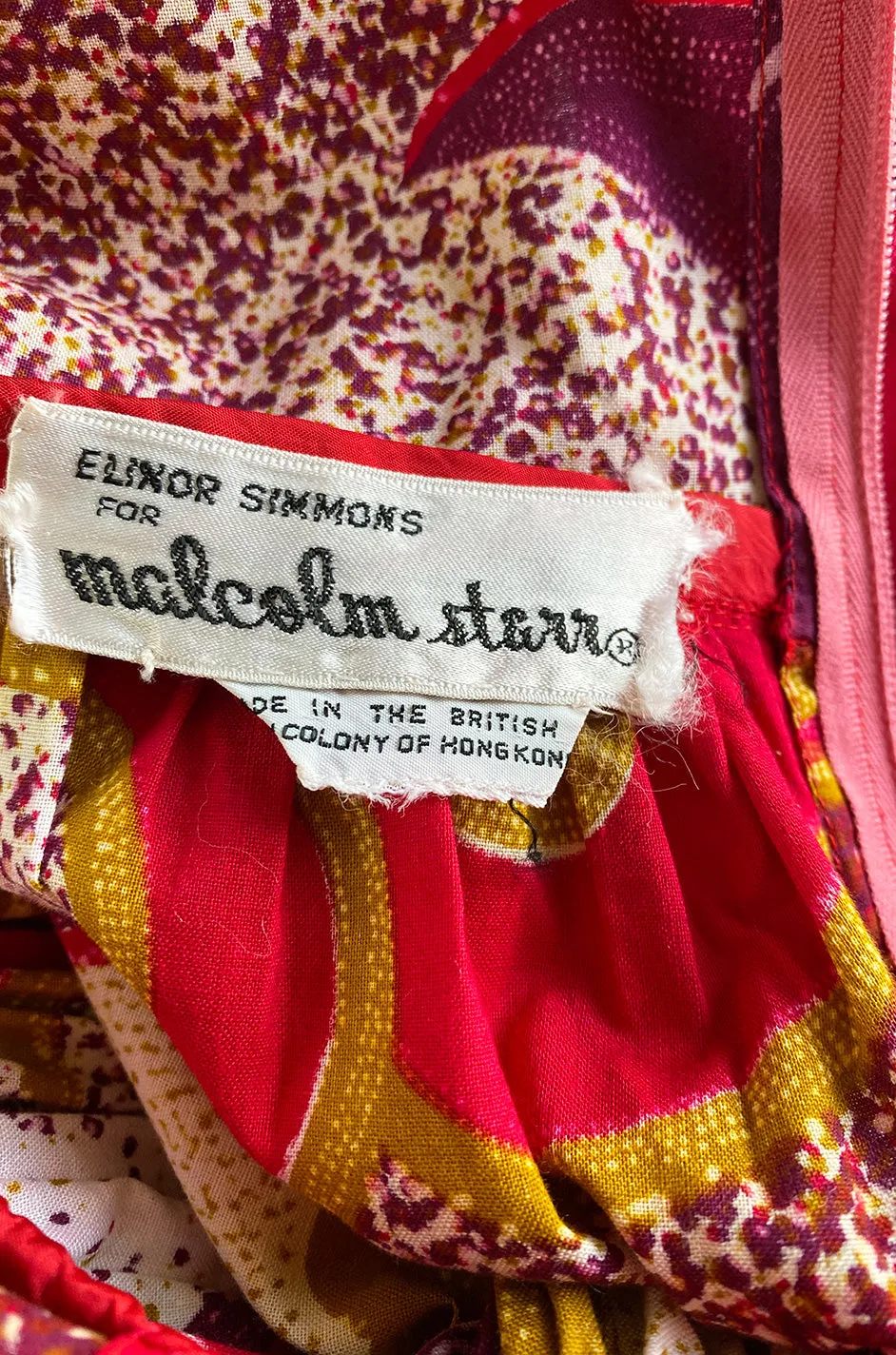 1960s Malcolm Starr Bright Cherry Pink Floral Batik Print Dress w Hand Beaded Belt