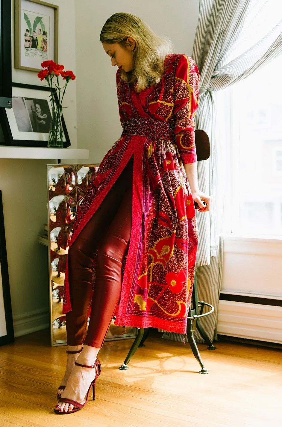 1960s Malcolm Starr Bright Cherry Pink Floral Batik Print Dress w Hand Beaded Belt