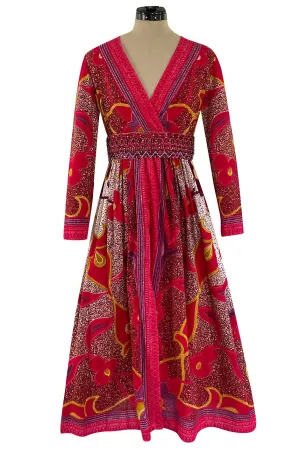 1960s Malcolm Starr Bright Cherry Pink Floral Batik Print Dress w Hand Beaded Belt