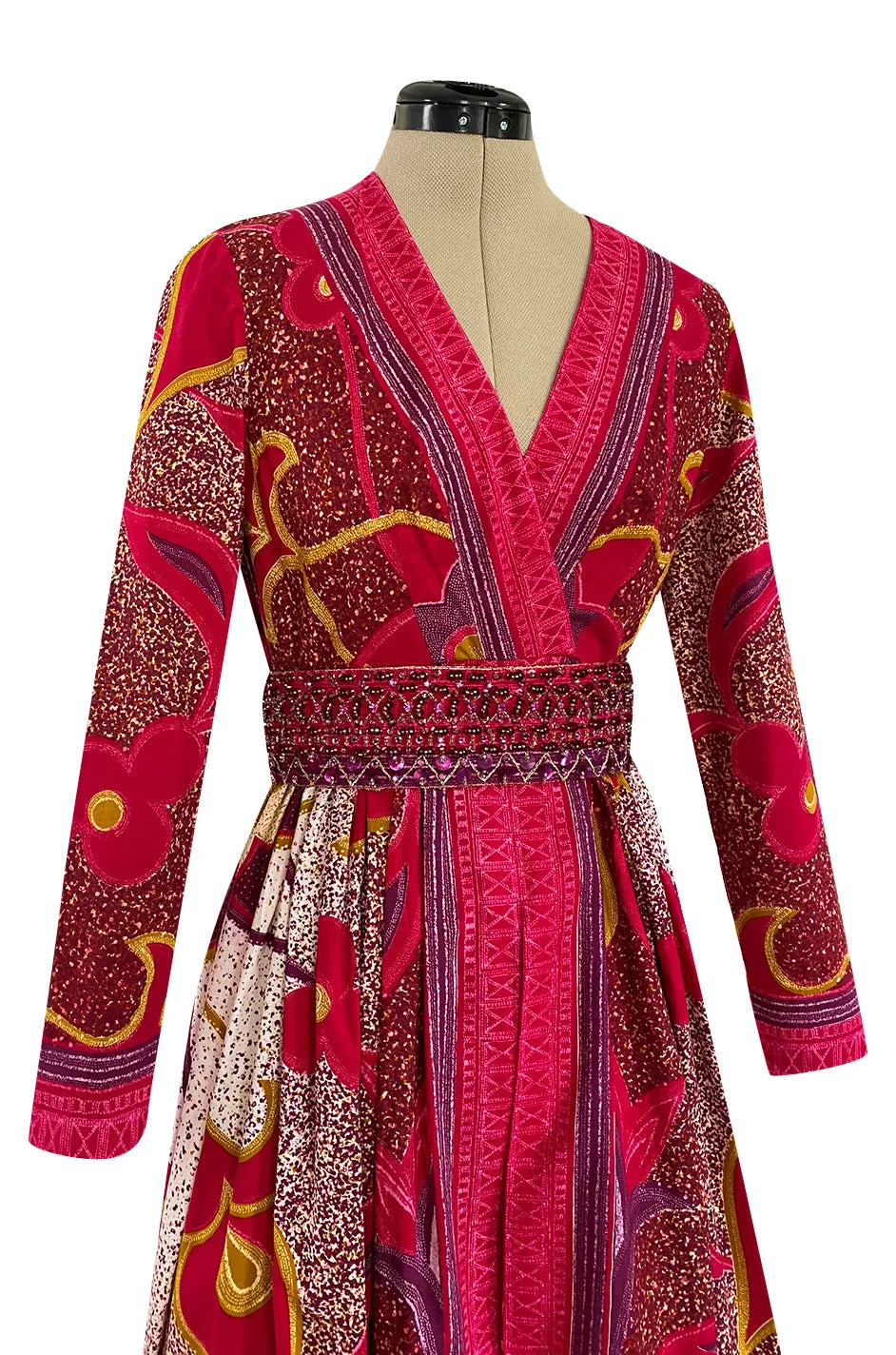 1960s Malcolm Starr Bright Cherry Pink Floral Batik Print Dress w Hand Beaded Belt