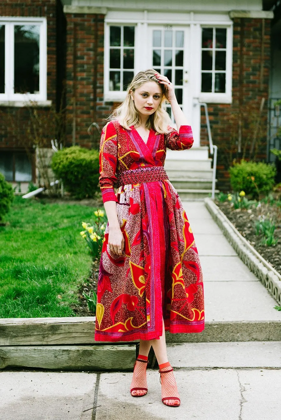 1960s Malcolm Starr Bright Cherry Pink Floral Batik Print Dress w Hand Beaded Belt