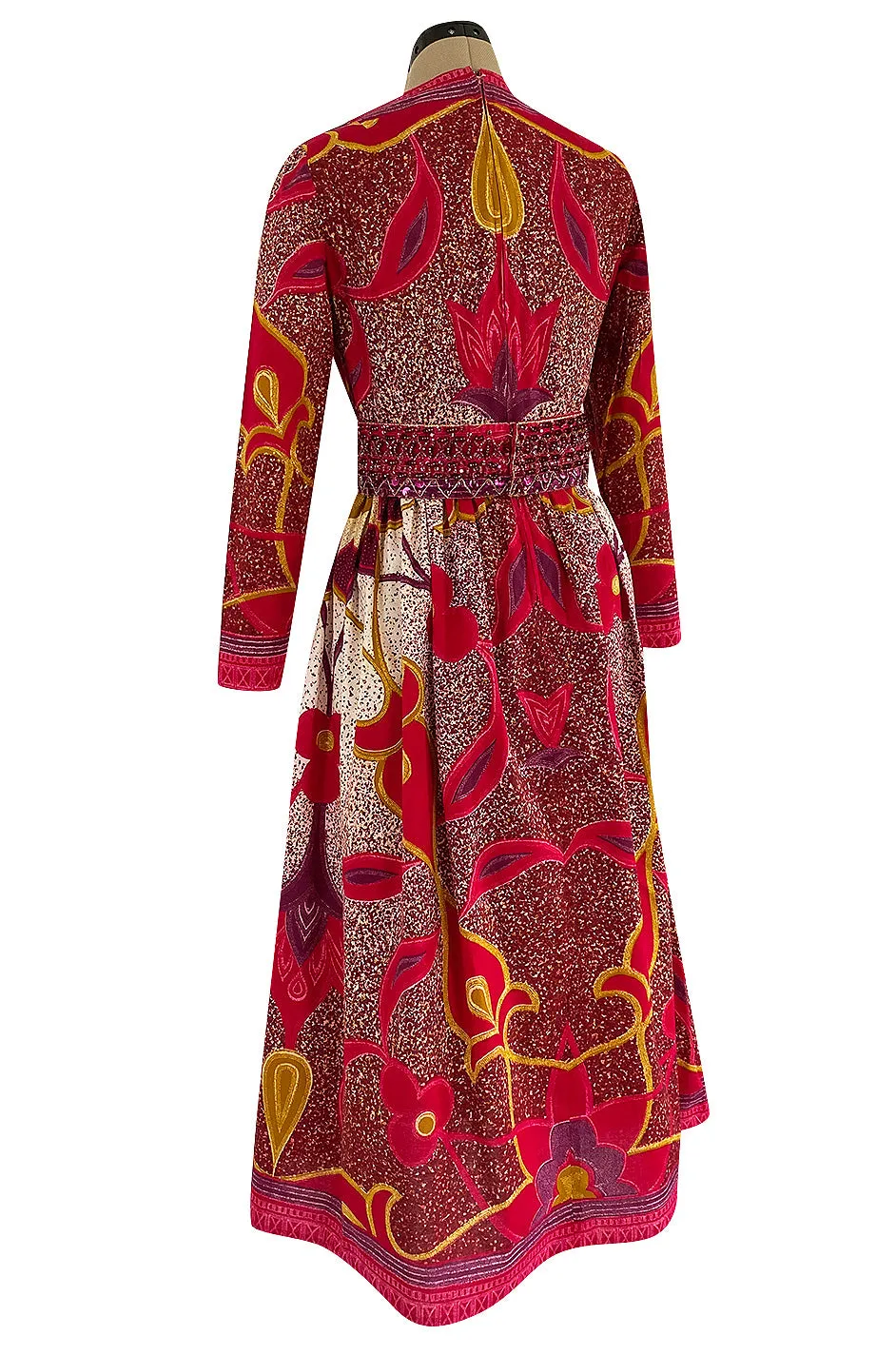 1960s Malcolm Starr Bright Cherry Pink Floral Batik Print Dress w Hand Beaded Belt