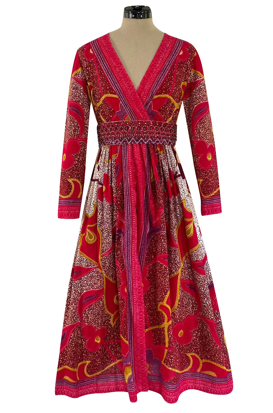 1960s Malcolm Starr Bright Cherry Pink Floral Batik Print Dress w Hand Beaded Belt