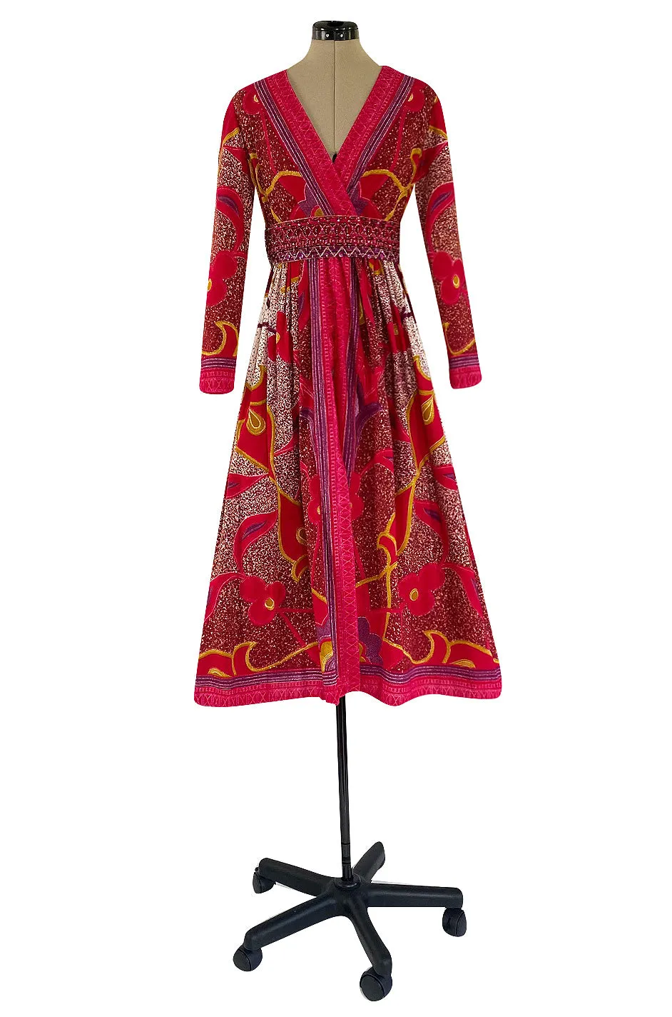 1960s Malcolm Starr Bright Cherry Pink Floral Batik Print Dress w Hand Beaded Belt