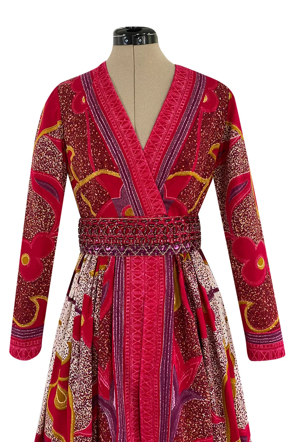 1960s Malcolm Starr Bright Cherry Pink Floral Batik Print Dress w Hand Beaded Belt