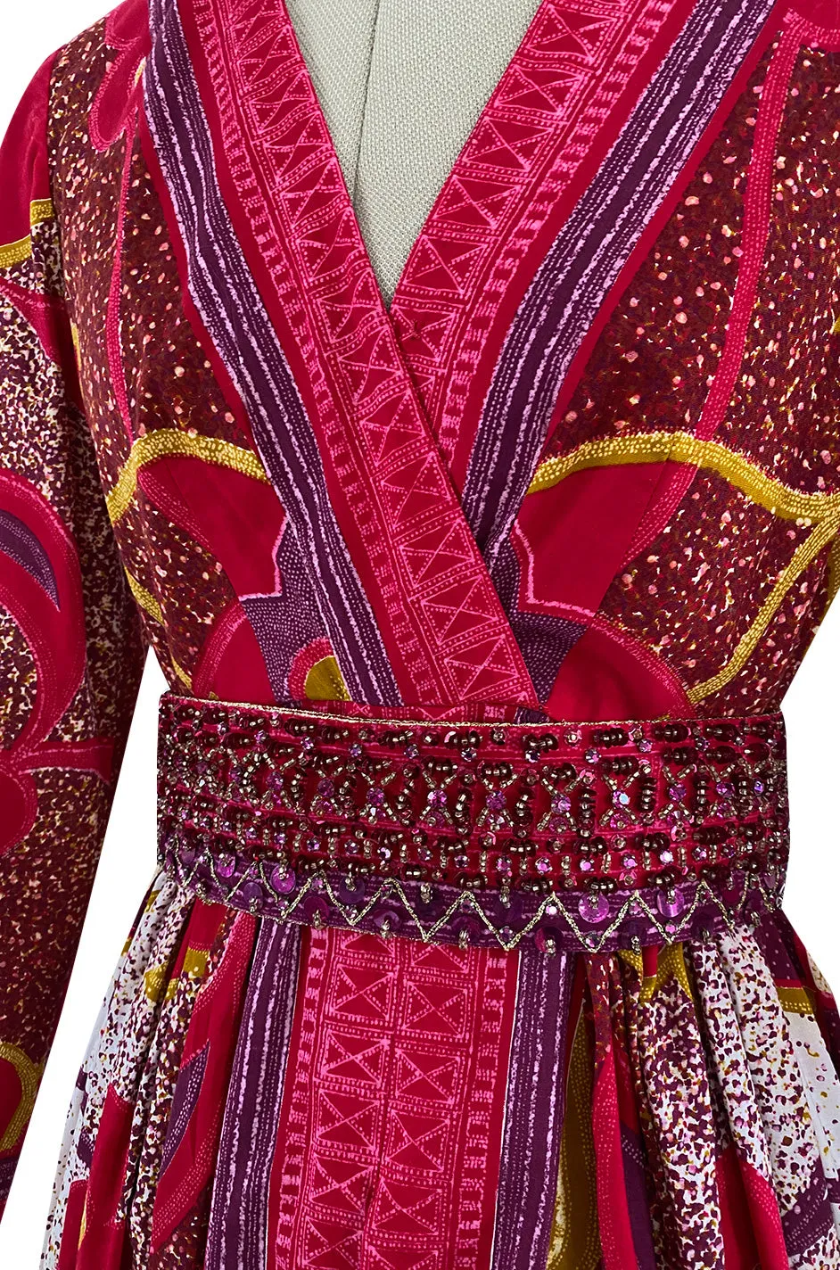 1960s Malcolm Starr Bright Cherry Pink Floral Batik Print Dress w Hand Beaded Belt