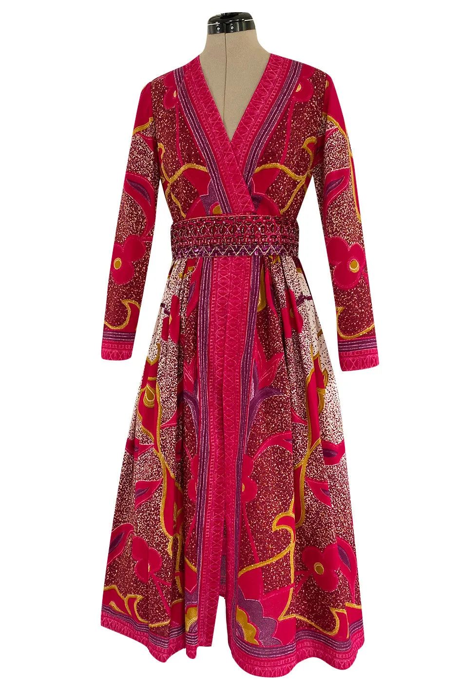 1960s Malcolm Starr Bright Cherry Pink Floral Batik Print Dress w Hand Beaded Belt