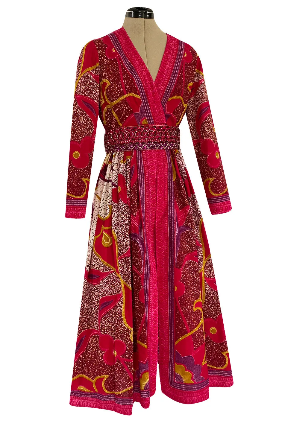 1960s Malcolm Starr Bright Cherry Pink Floral Batik Print Dress w Hand Beaded Belt