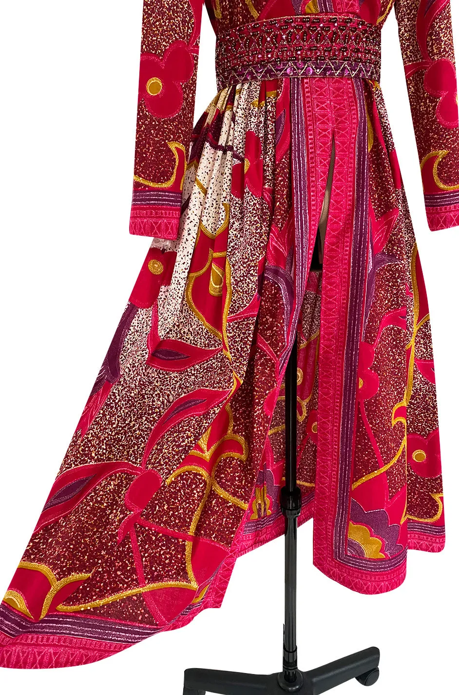 1960s Malcolm Starr Bright Cherry Pink Floral Batik Print Dress w Hand Beaded Belt
