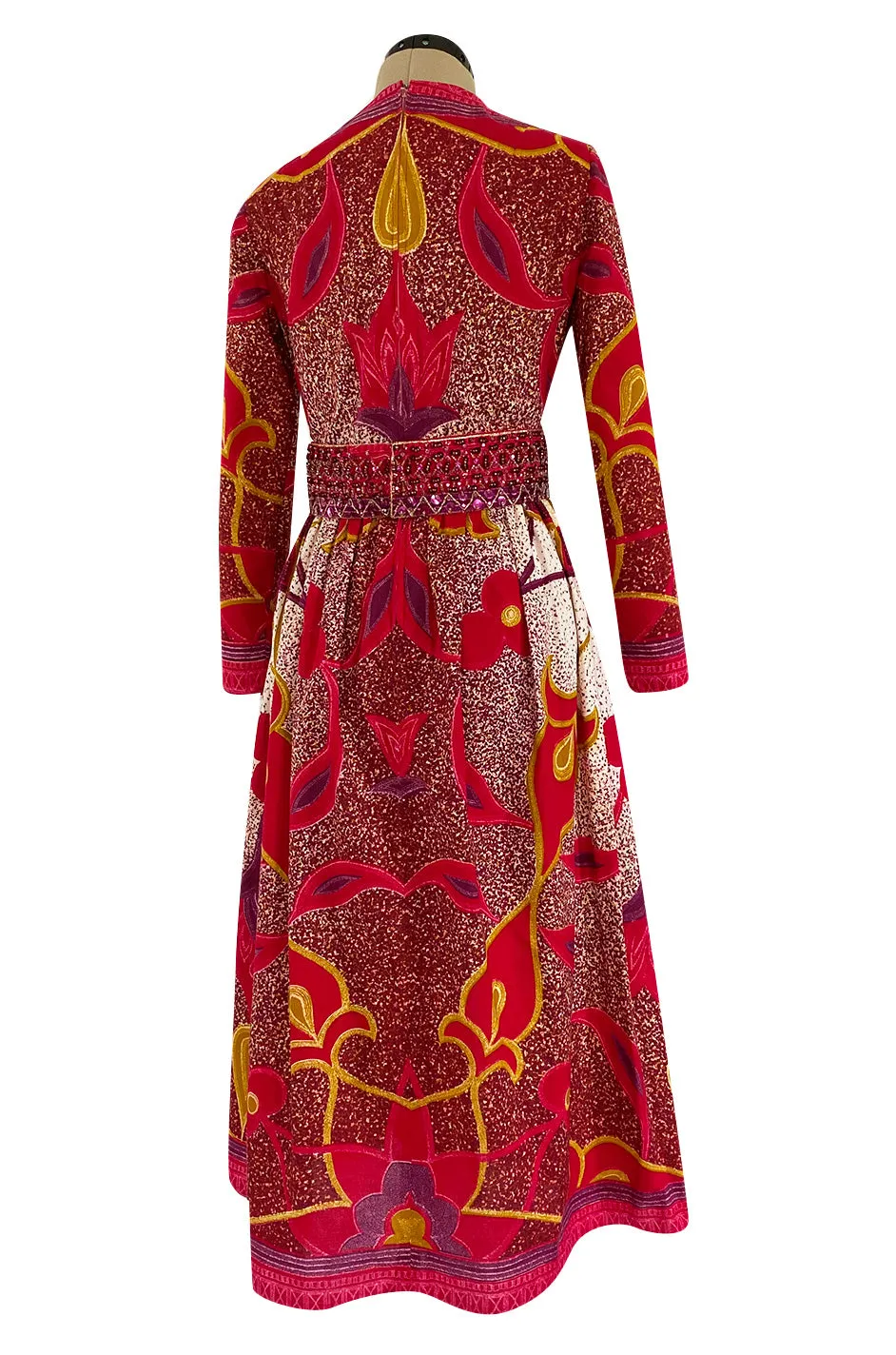 1960s Malcolm Starr Bright Cherry Pink Floral Batik Print Dress w Hand Beaded Belt