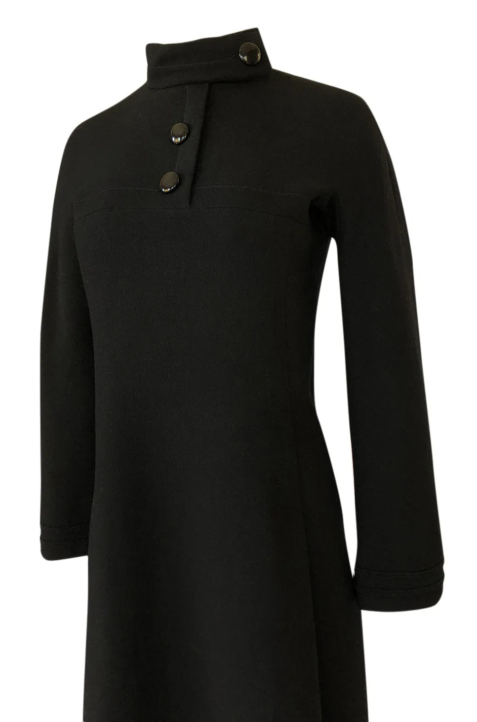 1960s Pierre Cardin Chic Sculpted Black Wool Button Detail Dress
