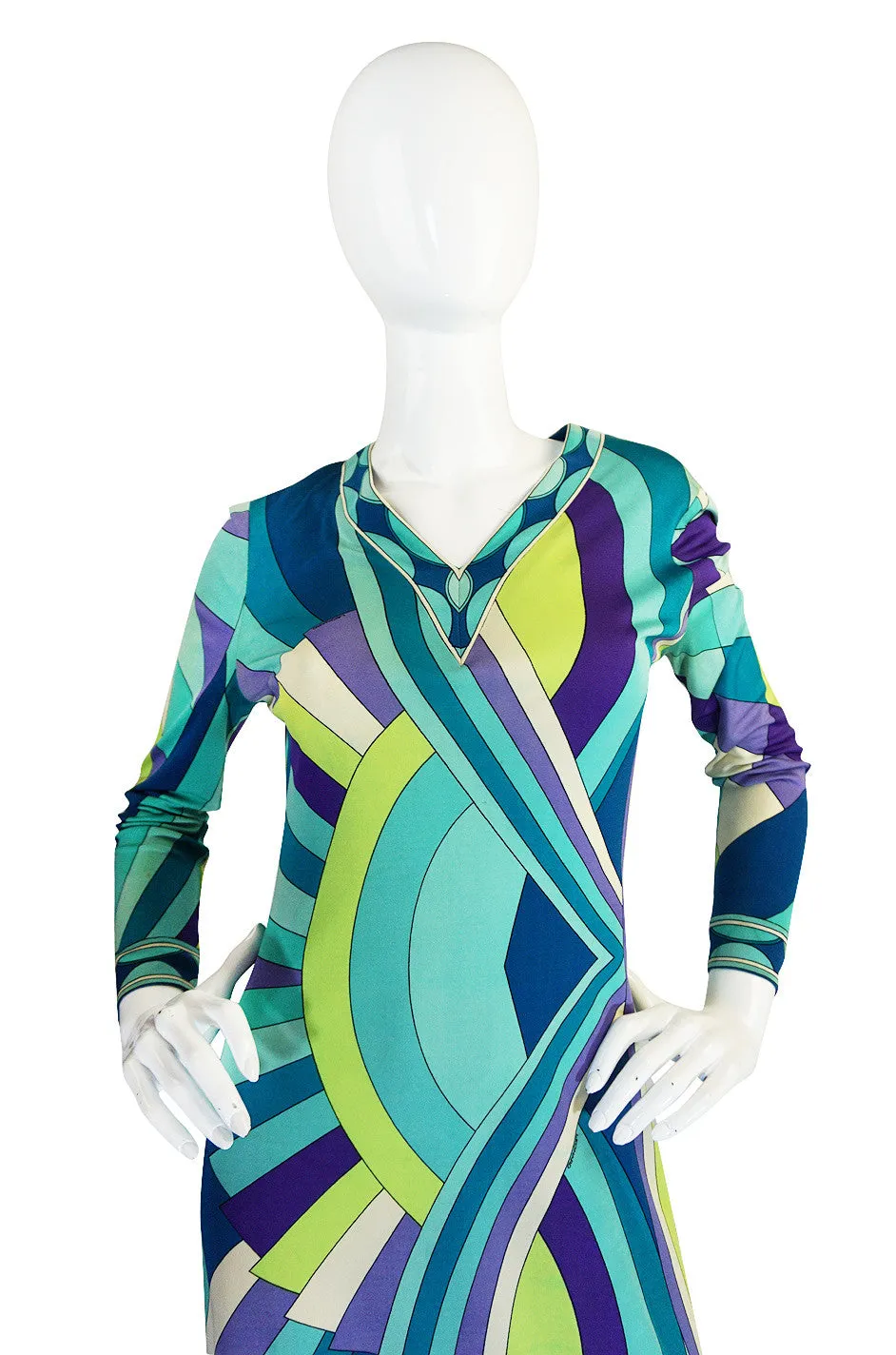 1970s Blue Print Leonard Paris Silk Jersey Dress
