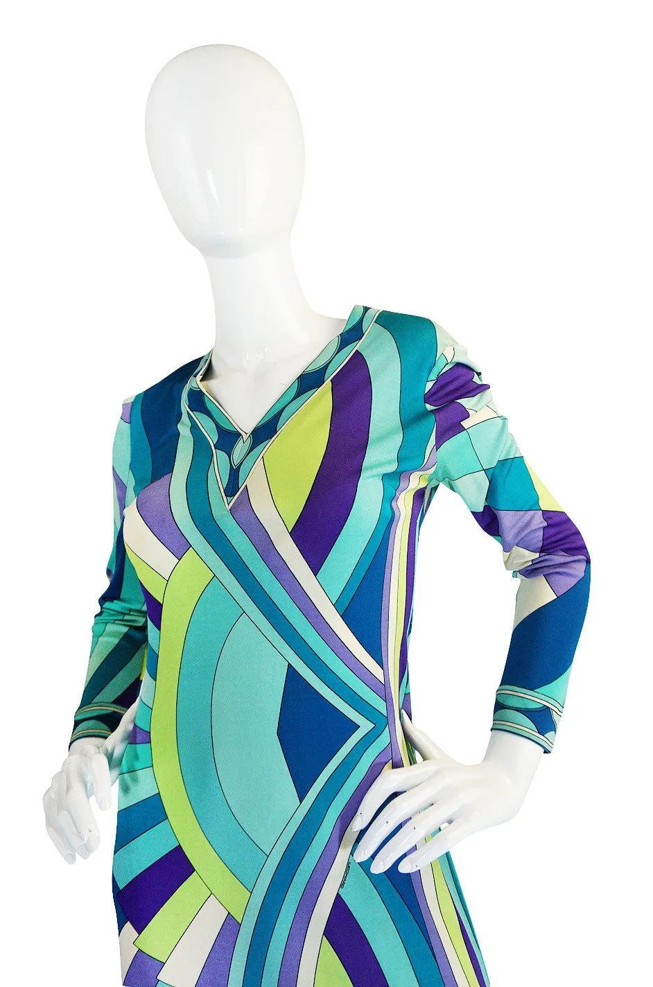 1970s Blue Print Leonard Paris Silk Jersey Dress
