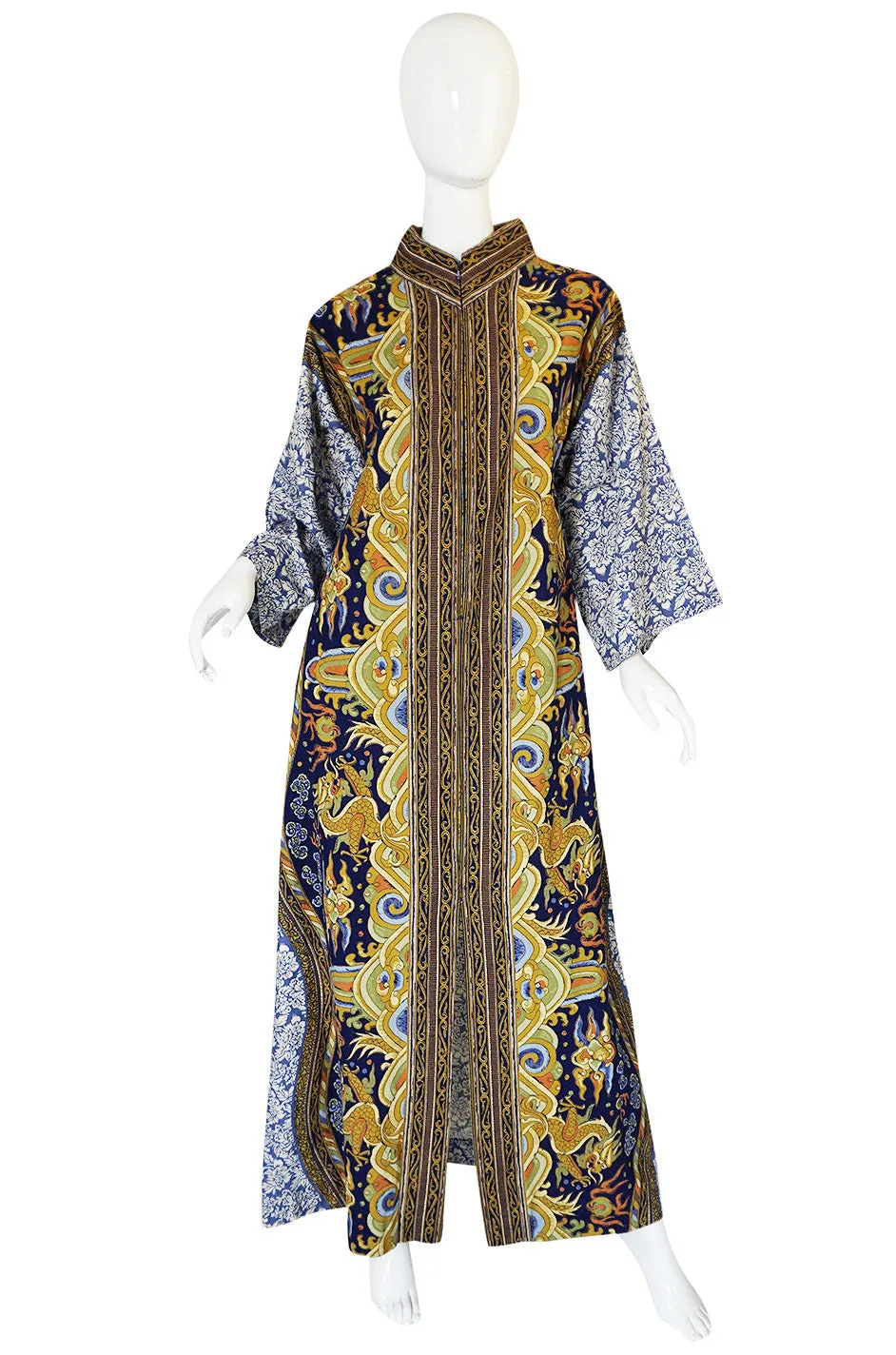 1970s Dragon & Floral Print Bill Blass Cotton Caftan Dress