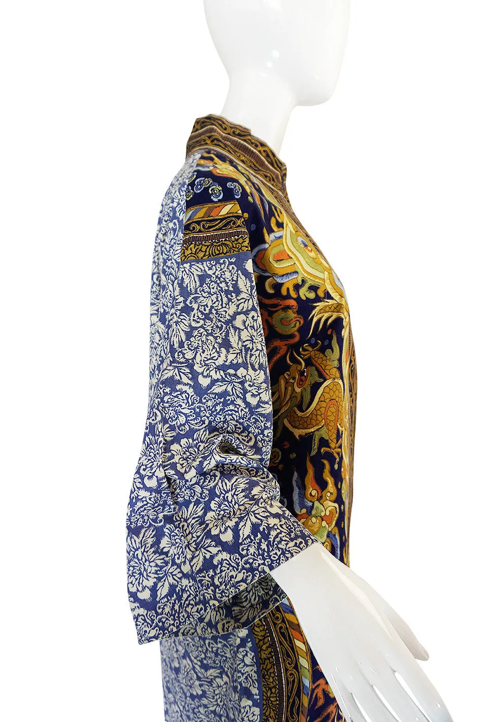 1970s Dragon & Floral Print Bill Blass Cotton Caftan Dress