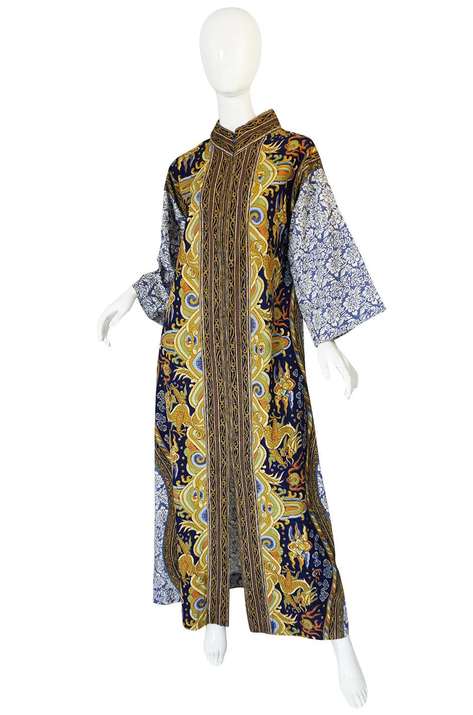 1970s Dragon & Floral Print Bill Blass Cotton Caftan Dress